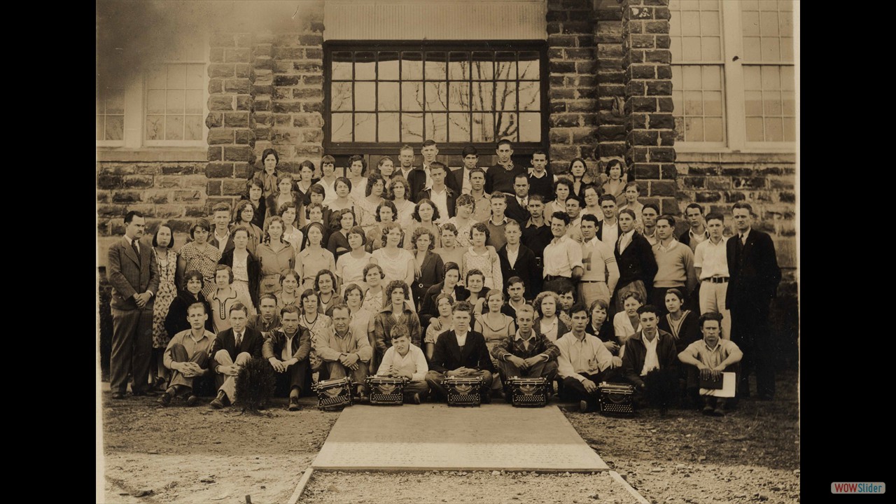 Huntsville School Group with typewriters in front of Old Main c. 1931